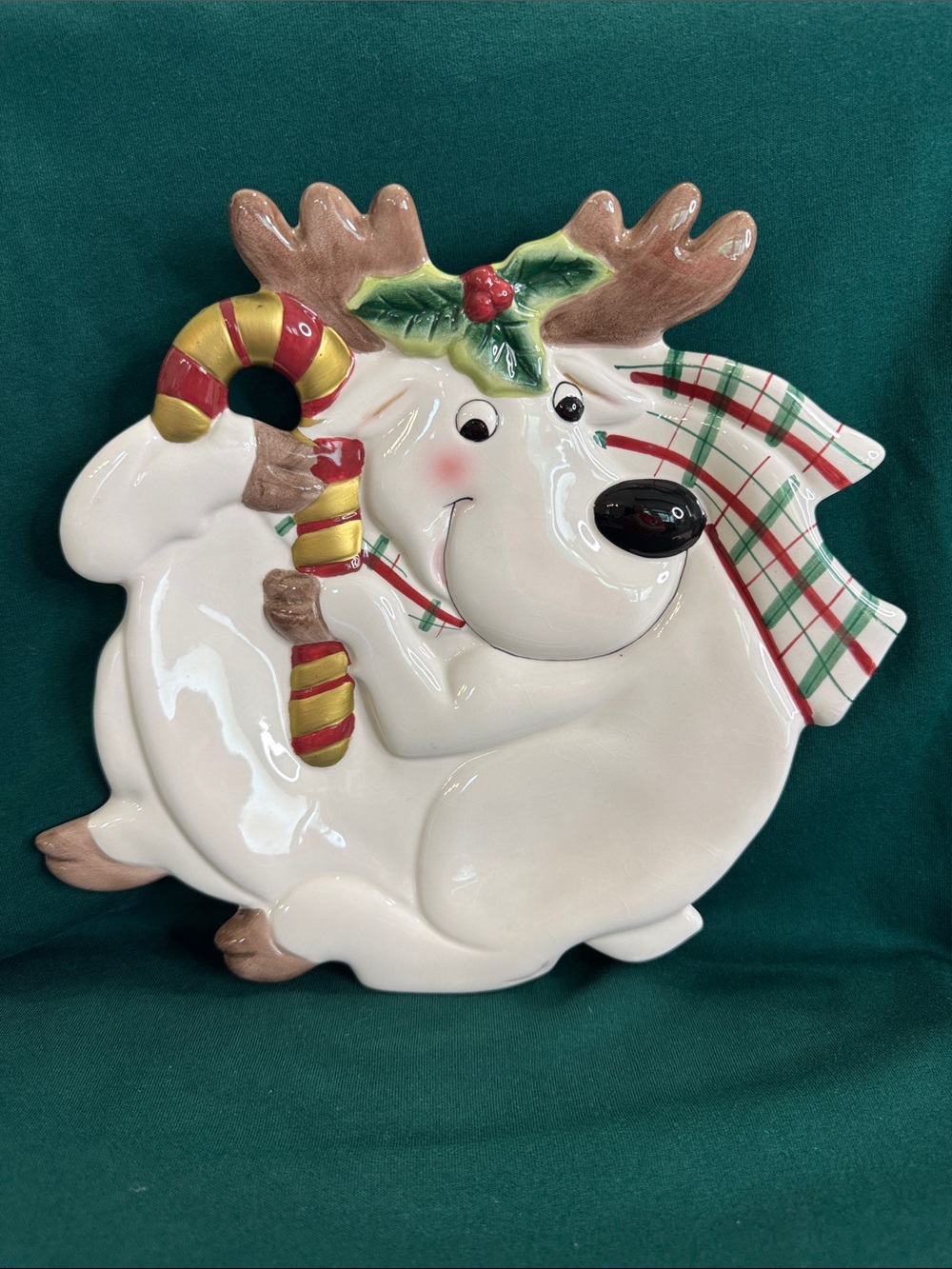 Fitz & Floyd 3D Christmas Reindeer & Candy Cane Cookie/Snack Plate 10"